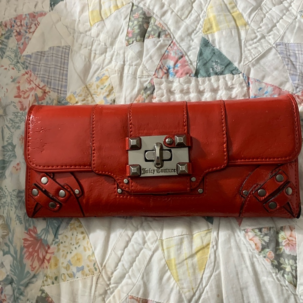 Juicy Couture Red Leather Silver Studded Wallet Y2K steampunk metal clutch coin